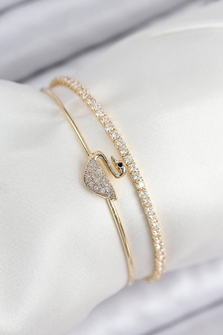 Brass Zircon Stone Swan Model Gold Color Women's Bracelet - Brand: Ebijuteri - Women & Kids, Baby Clothes Wholesale - Globality Store