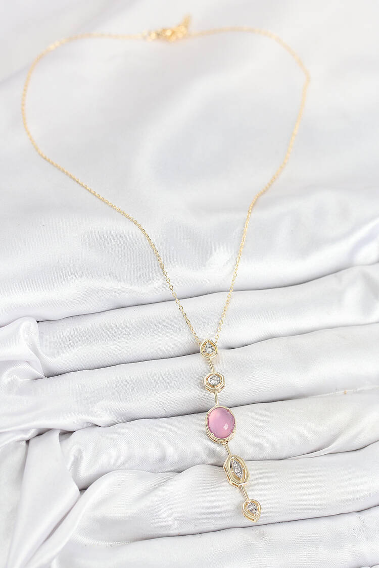 Brass Chain Pink Gold Color Zircon Stone Y Necklace