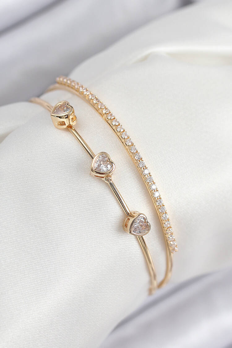 Brass Zircon Stone Heart Model Gold Color Women's Bracelet - Brand: Ebijuteri - Women & Kids, Baby Clothes Wholesale - Globality Store
