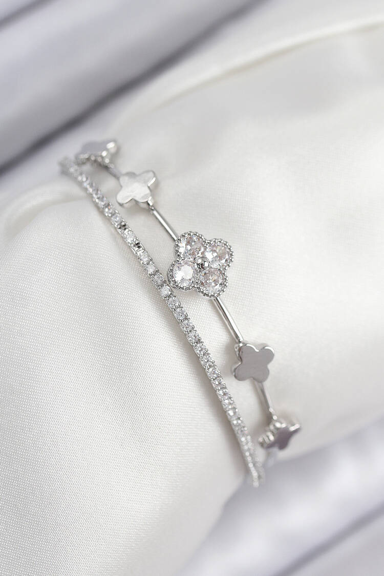 Brass Zircon Stone Clover Pattern Silver Color Women's Bracelet - Brand: Ebijuteri - Women & Kids, Baby Clothes Wholesale - Globality Store