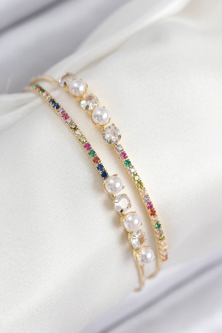 Brass Zircon Stone Pearl Pattern Gold Color Women's Bracelet - Brand: Ebijuteri - Women & Kids, Baby Clothes Wholesale - Globality Store