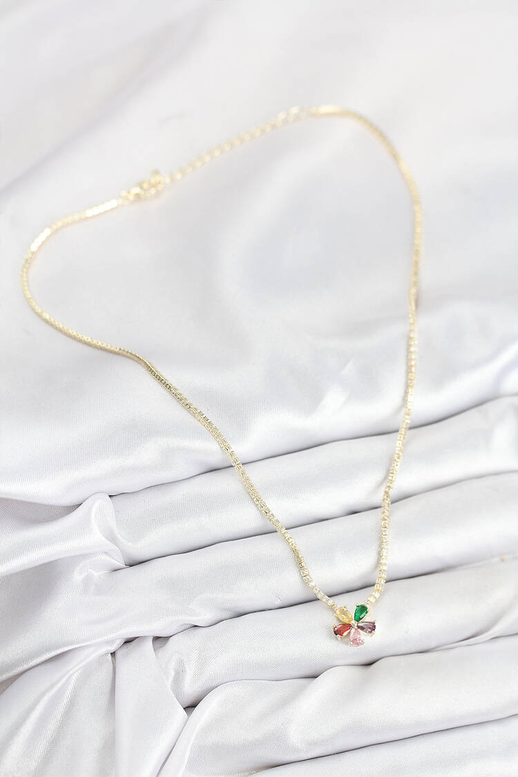 Brass Zircon Stone Waterway Assorted Flower Pattern Gold Color Women Necklace