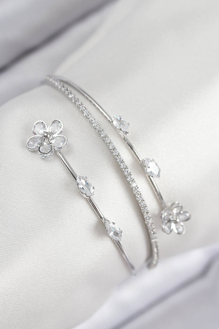 Brass Zircon Stone Flower Pattern Silver Color Women's Bracelet - Brand: Ebijuteri - Women & Kids, Baby Clothes Wholesale - Globality Store