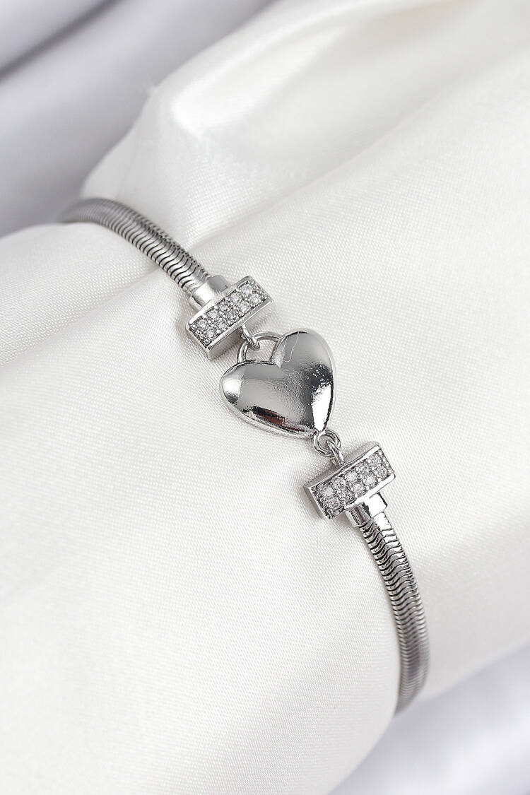 Brass Zircon Stone Heart Pattern Silver Color Women's Bracelet - Brand: Ebijuteri - Women & Kids, Baby Clothes Wholesale - Globality Store