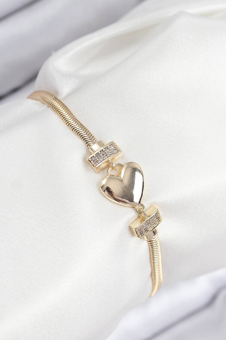 Brass Zircon Stone Heart Model Gold Color Women's Bracelet - Brand: Ebijuteri - Women & Kids, Baby Clothes Wholesale - Globality Store