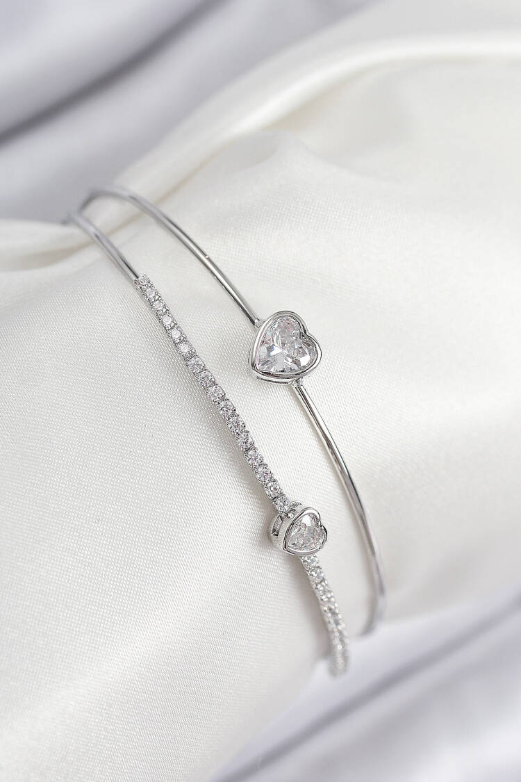 Brass Zircon Stone Heart Pattern Silver Color Women's Bracelet - Brand: Ebijuteri - Women & Kids, Baby Clothes Wholesale - Globality Store