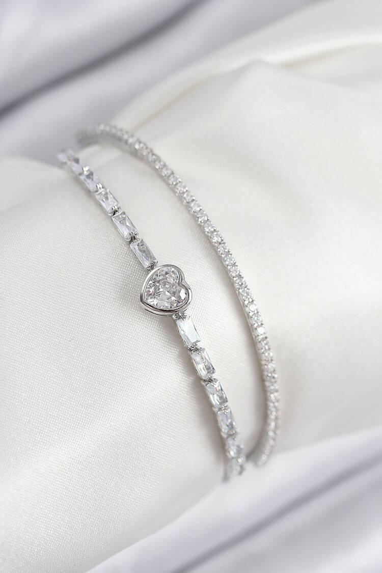 Brass Zircon Stone Heart Pattern Silver Color Women's Bracelet - Brand: Ebijuteri - Women & Kids, Baby Clothes Wholesale - Globality Store