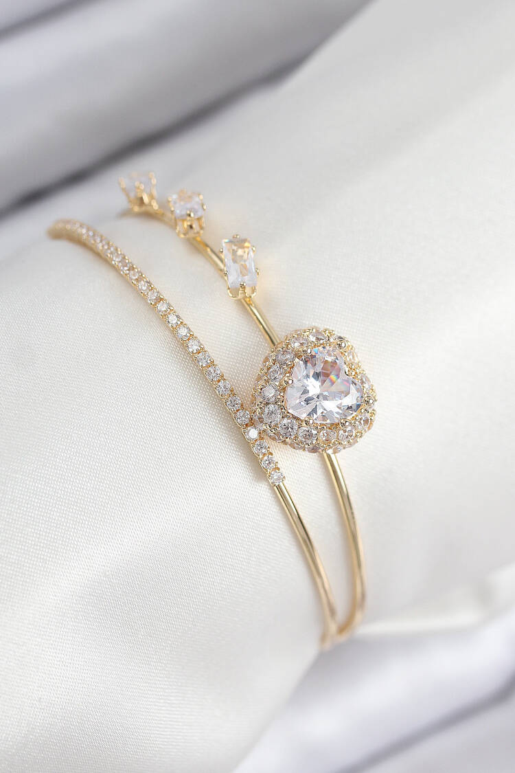 Brass Zircon Stone Heart Model Gold Color Women's Bracelet - Brand: Ebijuteri - Women & Kids, Baby Clothes Wholesale - Globality Store