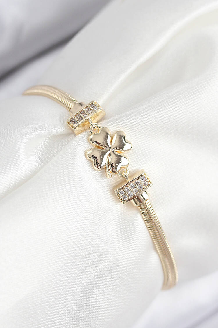 Brass Zircon Stone Clover Pattern Gold Color Women's Bracelet - Brand: Ebijuteri - Women & Kids, Baby Clothes Wholesale - Globality Store