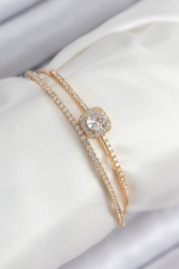 Brass Zircon Stone Baguette Model Gold Color Women's Bracelet - Brand: Ebijuteri - Women & Kids, Baby Clothes Wholesale - Globality Store
