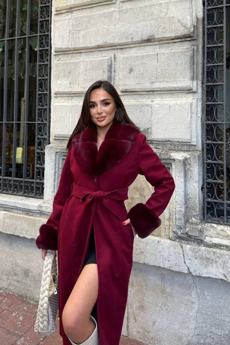 Claret Red Elegant Slim Fit Fur Wrapover Coat - Brand: My Jest Fashion - Women & Kids, Baby Clothes Wholesale - Globality Store