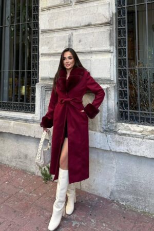 Claret Red Elegant Slim Fit Fur Wrapover Coat - Brand: My Jest Fashion - Women & Kids, Baby Clothes Wholesale - Globality Store