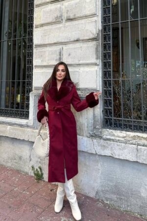 Claret Red Elegant Slim Fit Fur Wrapover Coat - Brand: My Jest Fashion - Women & Kids, Baby Clothes Wholesale - Globality Store