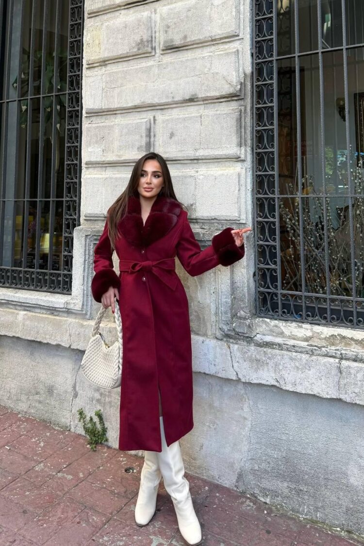 Claret Red Elegant Slim Fit Fur Wrapover Coat