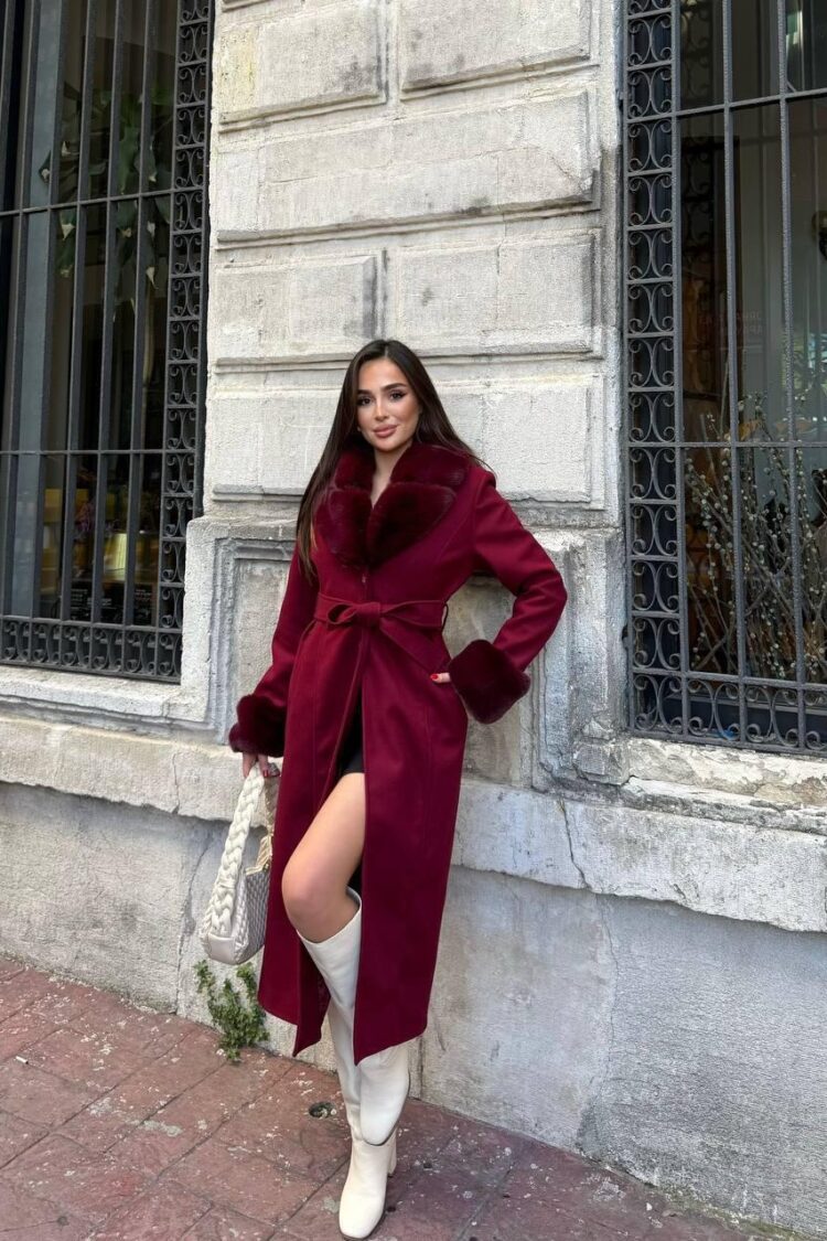 Claret Red Elegant Slim Fit Fur Wrapover Coat