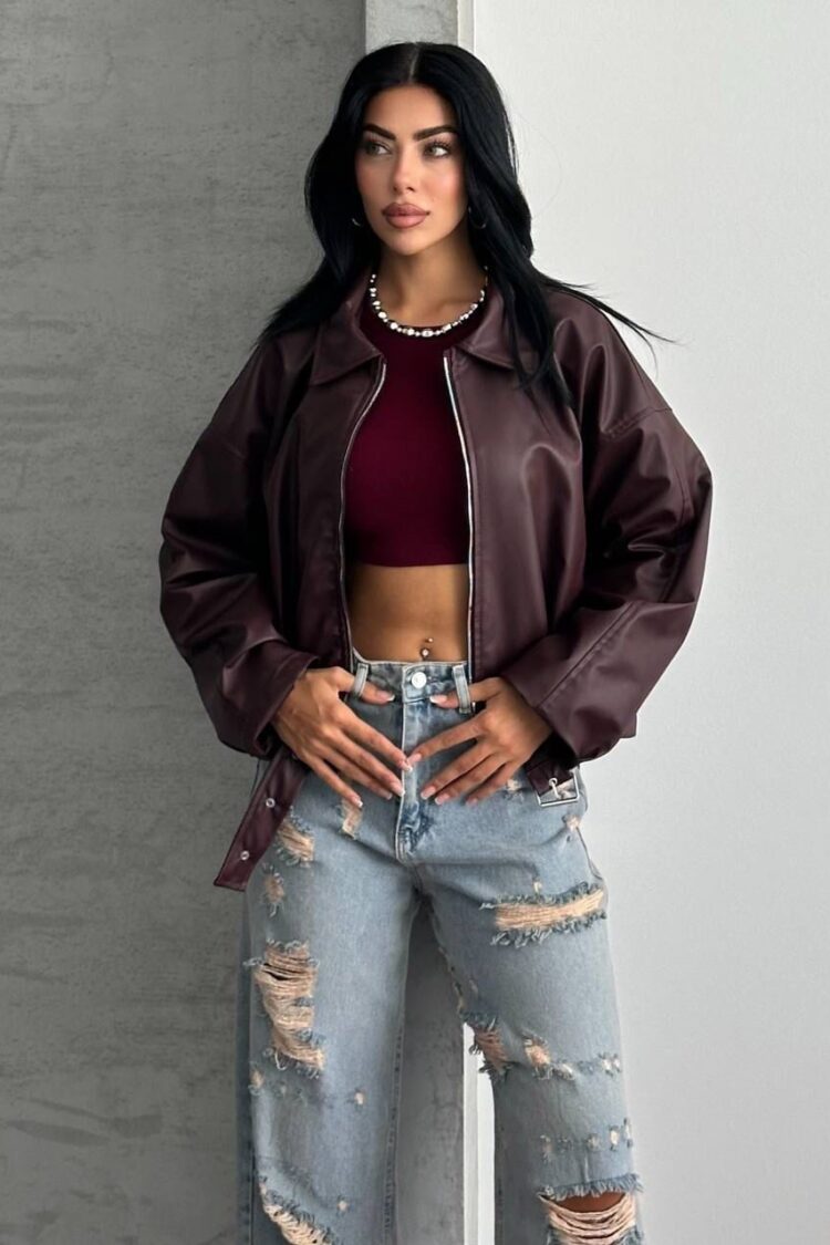 Brown Bomber Jacket With Oversized Fit