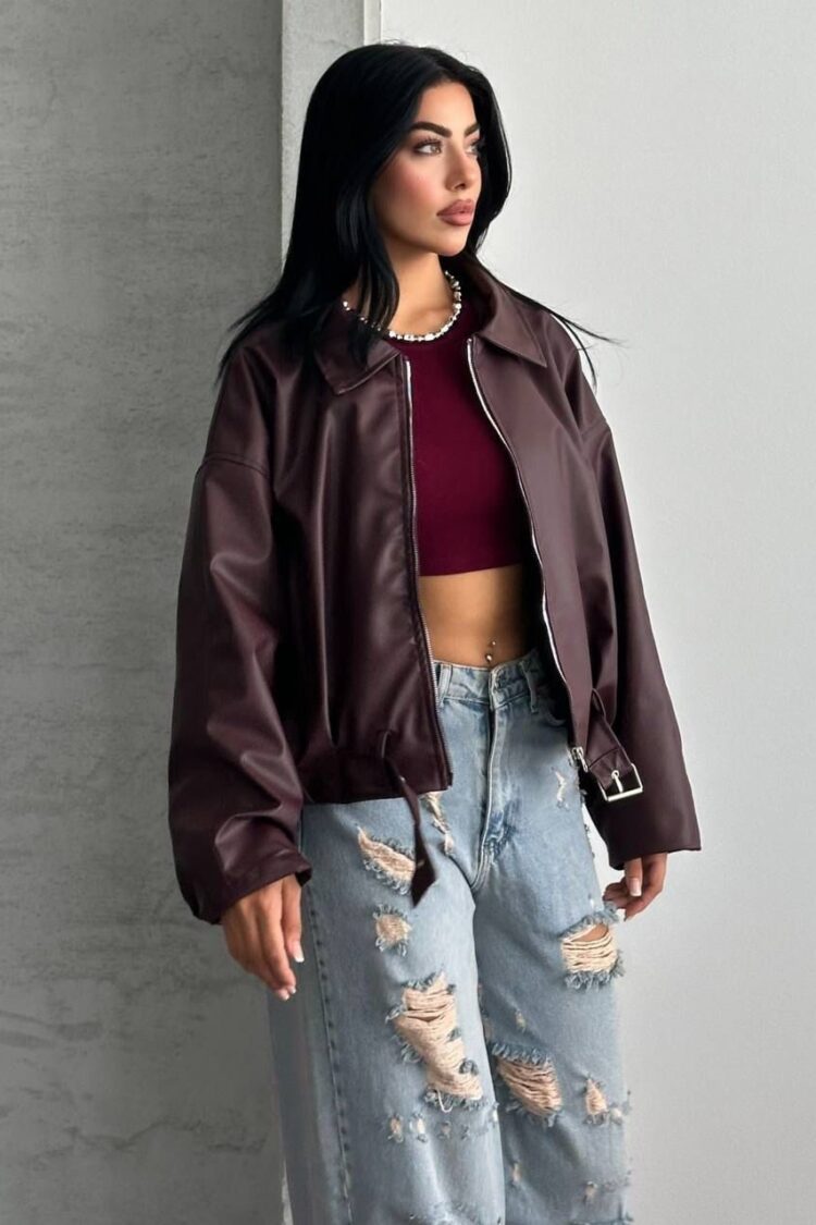 Brown Bomber Jacket With Oversized Fit