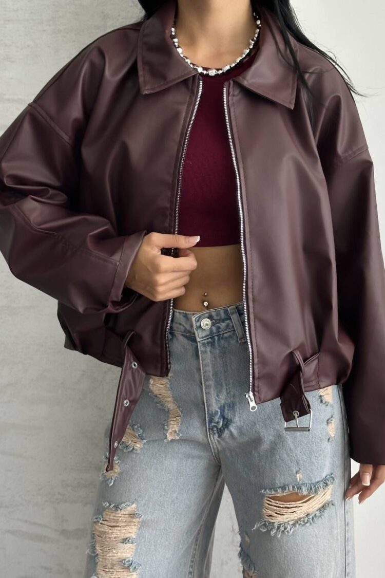 Brown Bomber Jacket With Oversized Fit