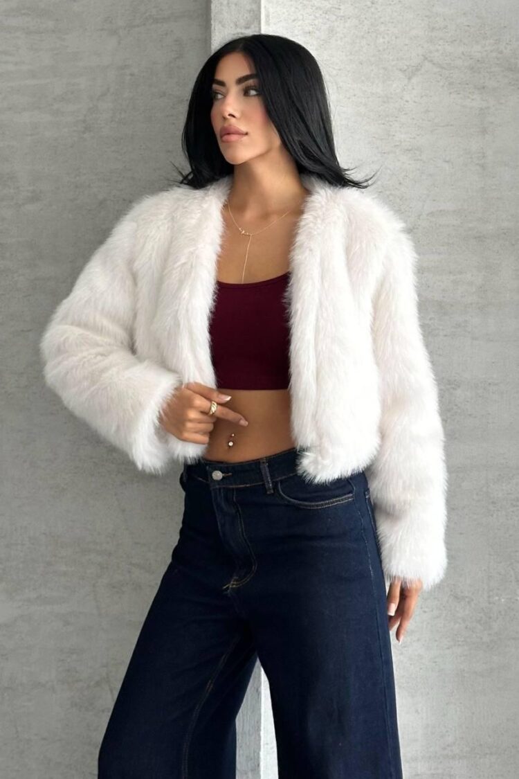 Fur Jacket With V-Neck Collar And Crop Length