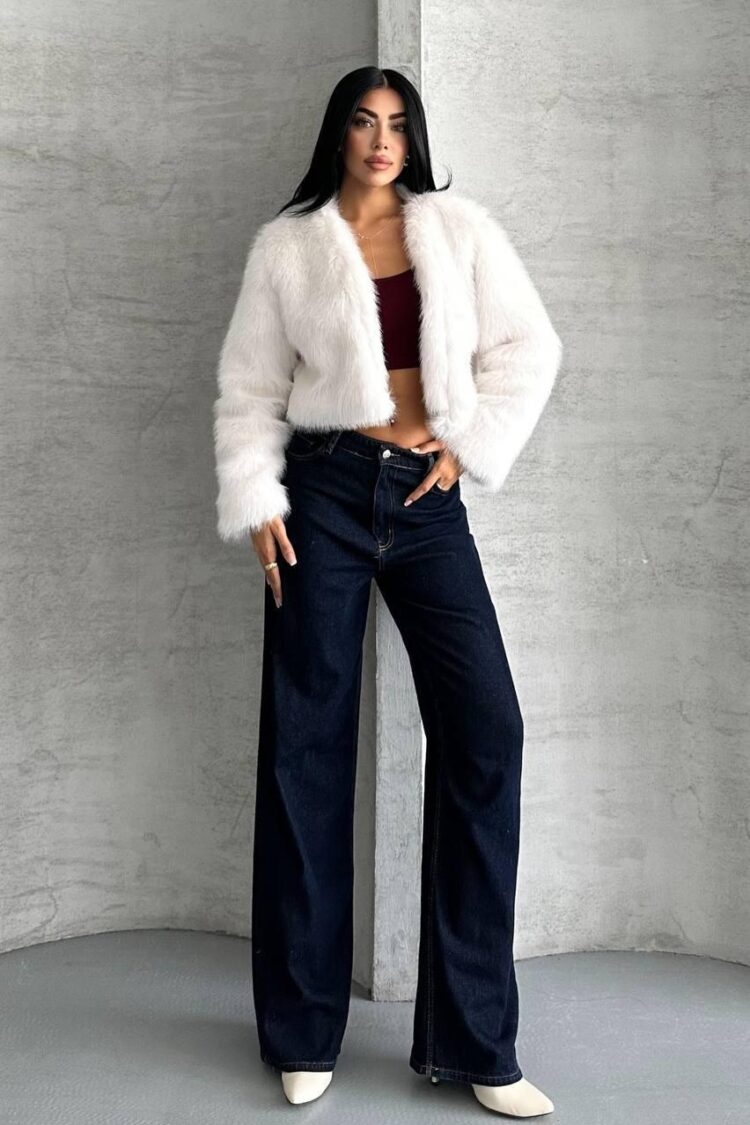 Fur Jacket With V-Neck Collar And Crop Length
