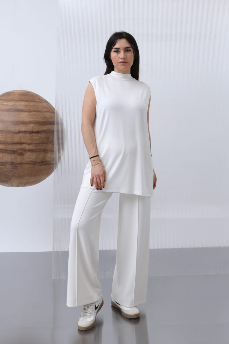 White Blouse With High Neck And Cap Sleeves