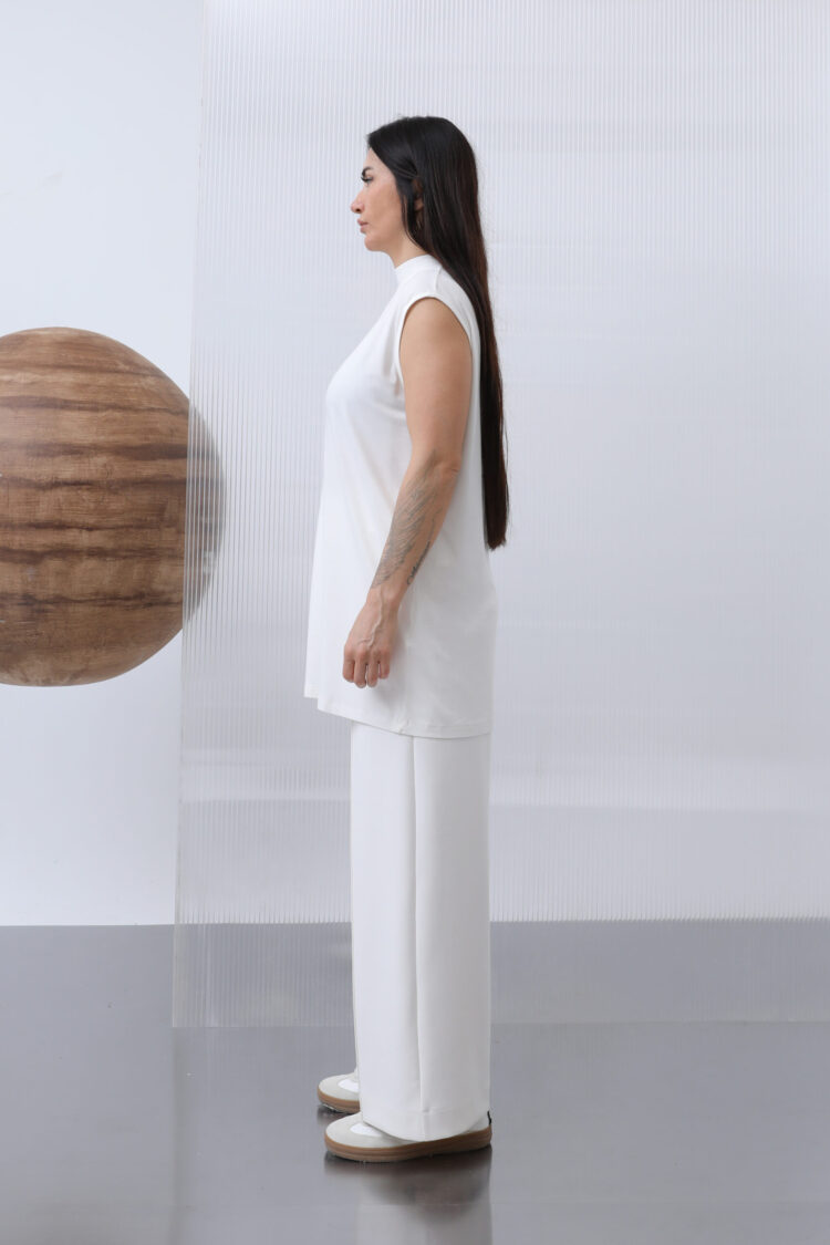 White Blouse With High Neck And Cap Sleeves