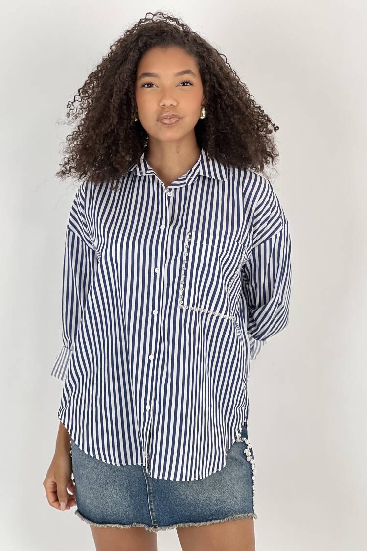 Blue Striped Oversized Polo Neck Shirt - Brand: MISS POEM - Women & Kids, Baby Clothes Wholesale - Globality Store
