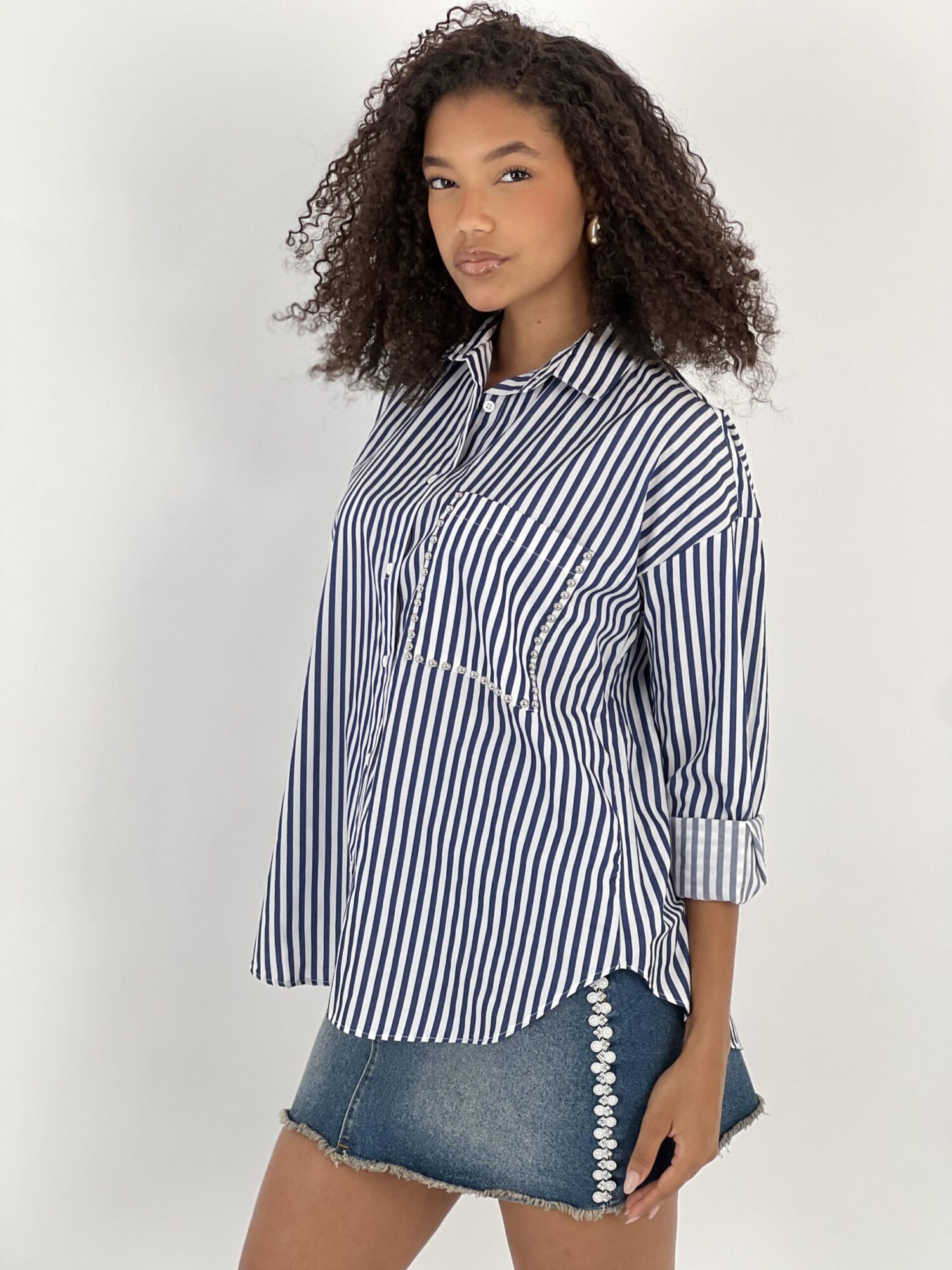 Blue Striped Oversized Polo Neck Shirt - Brand: MISS POEM - Women & Kids, Baby Clothes Wholesale - Globality Store