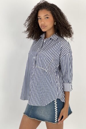 Blue Striped Oversized Polo Neck Shirt - Brand: MISS POEM - Women & Kids, Baby Clothes Wholesale - Globality Store