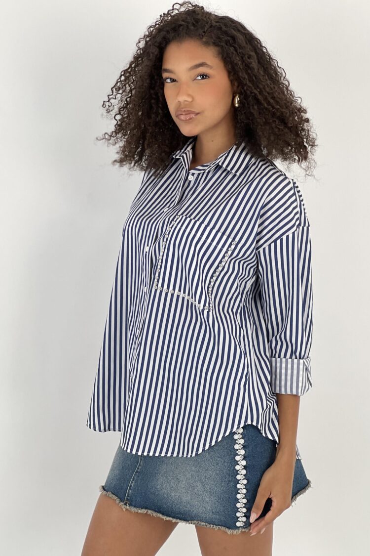 Blue Striped Oversized Polo Neck Shirt