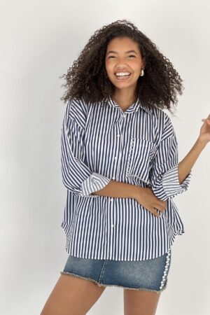 Blue Striped Oversized Polo Neck Shirt - Brand: MISS POEM - Women & Kids, Baby Clothes Wholesale - Globality Store
