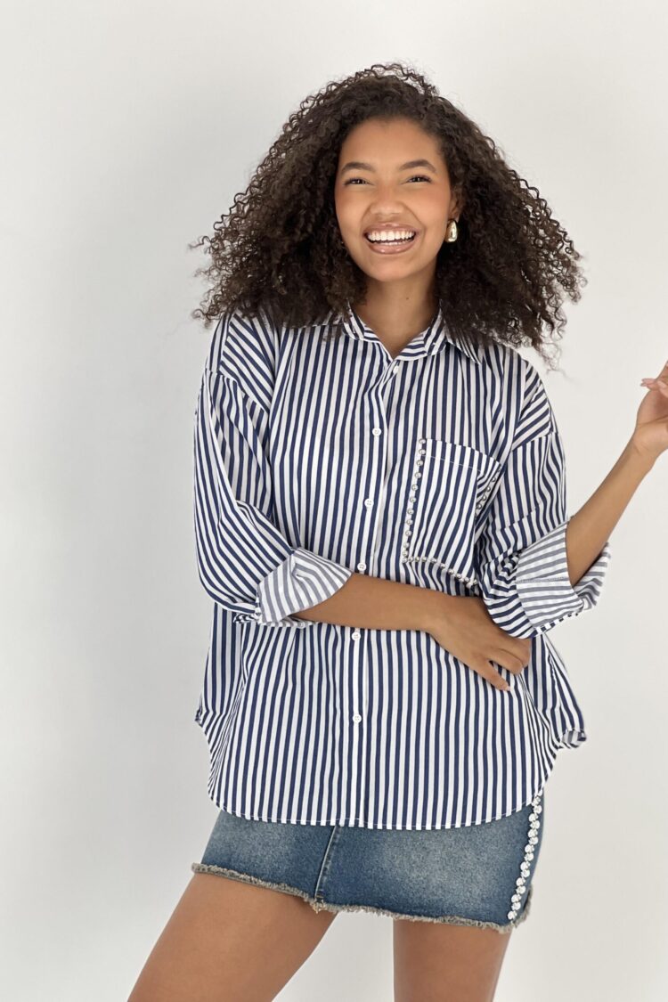 Blue Striped Oversized Polo Neck Shirt