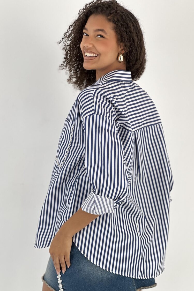 Blue Striped Oversized Polo Neck Shirt