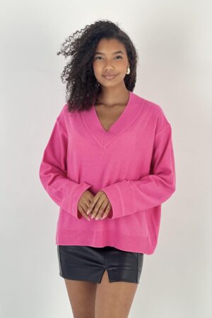 Fuchsia Oversized Fit V-Neck Sweater - Brand: MISS POEM - Women & Kids, Baby Clothes Wholesale - Globality Store