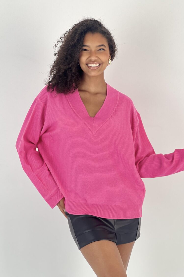 Fuchsia Oversized Fit V-Neck Sweater