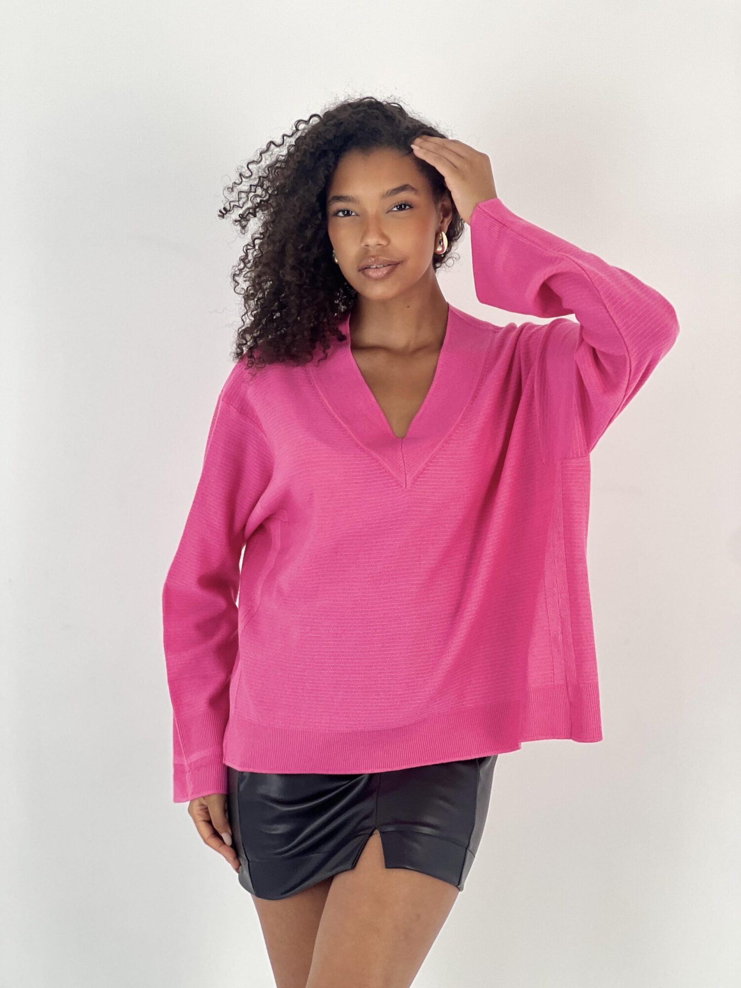 Fuchsia Oversized Fit V-Neck Sweater - Brand: MISS POEM - Women & Kids, Baby Clothes Wholesale - Globality Store