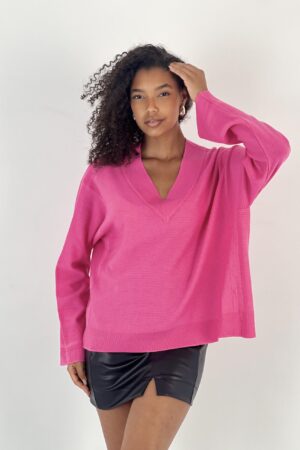 Fuchsia Oversized Fit V-Neck Sweater - Brand: MISS POEM - Women & Kids, Baby Clothes Wholesale - Globality Store