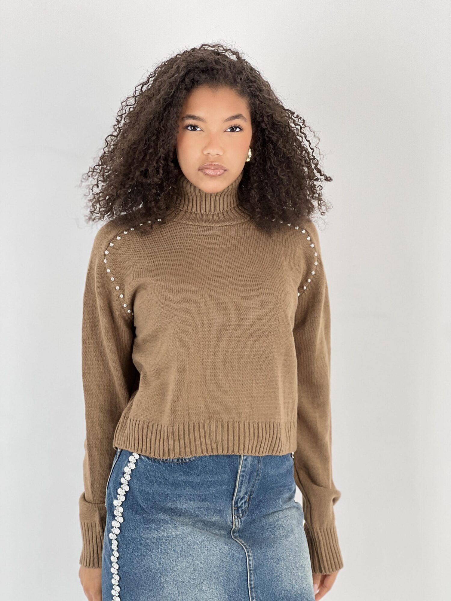 Brown Sweater With Turtle Neck And Long Sleeves - Brand: MISS POEM - Women & Kids, Baby Clothes Wholesale - Globality Store