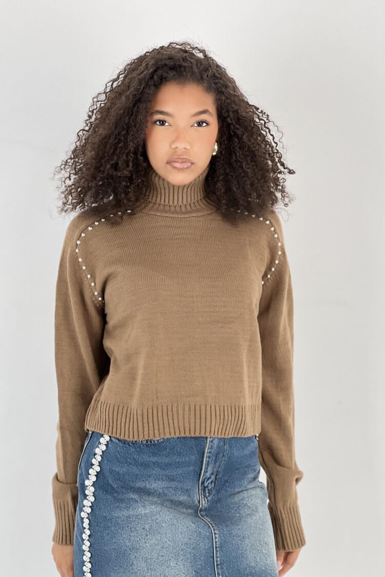 Brown Sweater With Turtle Neck And Long Sleeves - Brand: MISS POEM - Women & Kids, Baby Clothes Wholesale - Globality Store