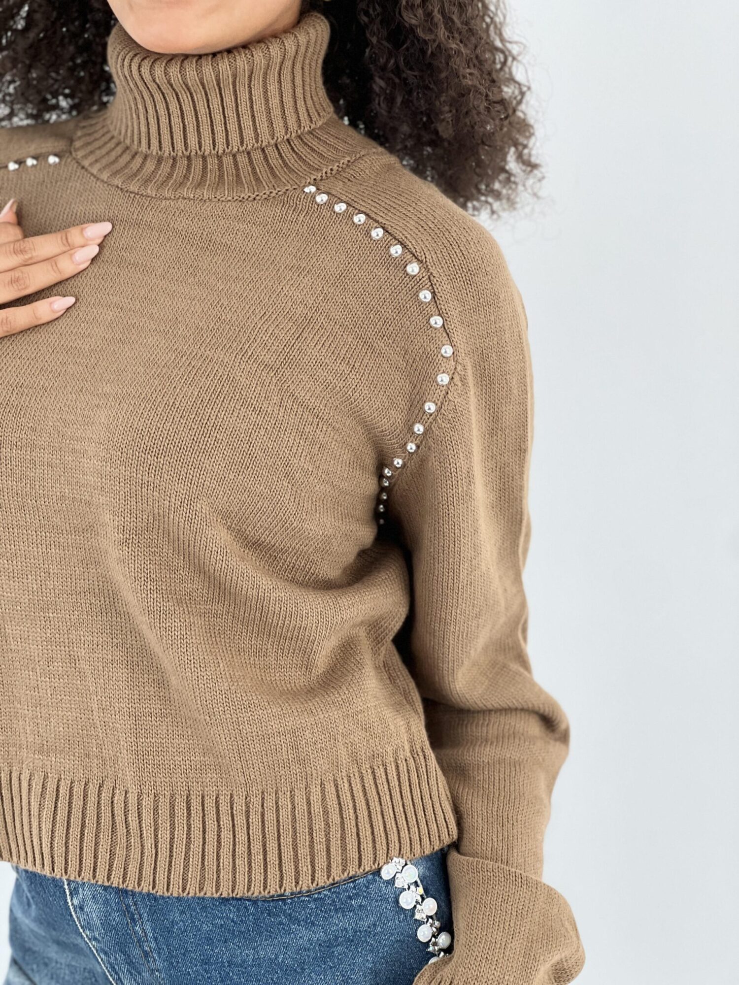 Brown Sweater With Turtle Neck And Long Sleeves - Brand: MISS POEM - Women & Kids, Baby Clothes Wholesale - Globality Store