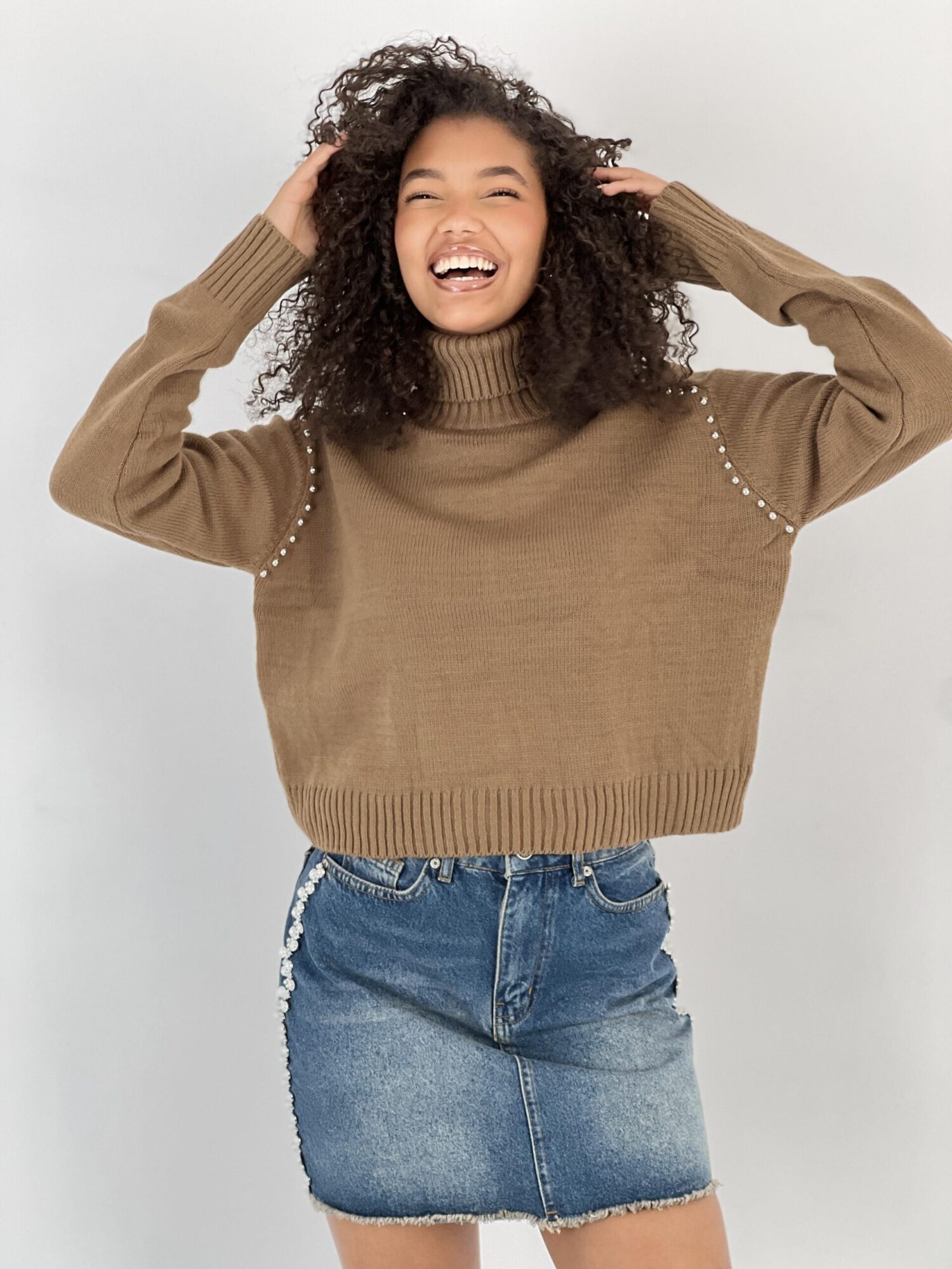 Brown Sweater With Turtle Neck And Long Sleeves - Brand: MISS POEM - Women & Kids, Baby Clothes Wholesale - Globality Store