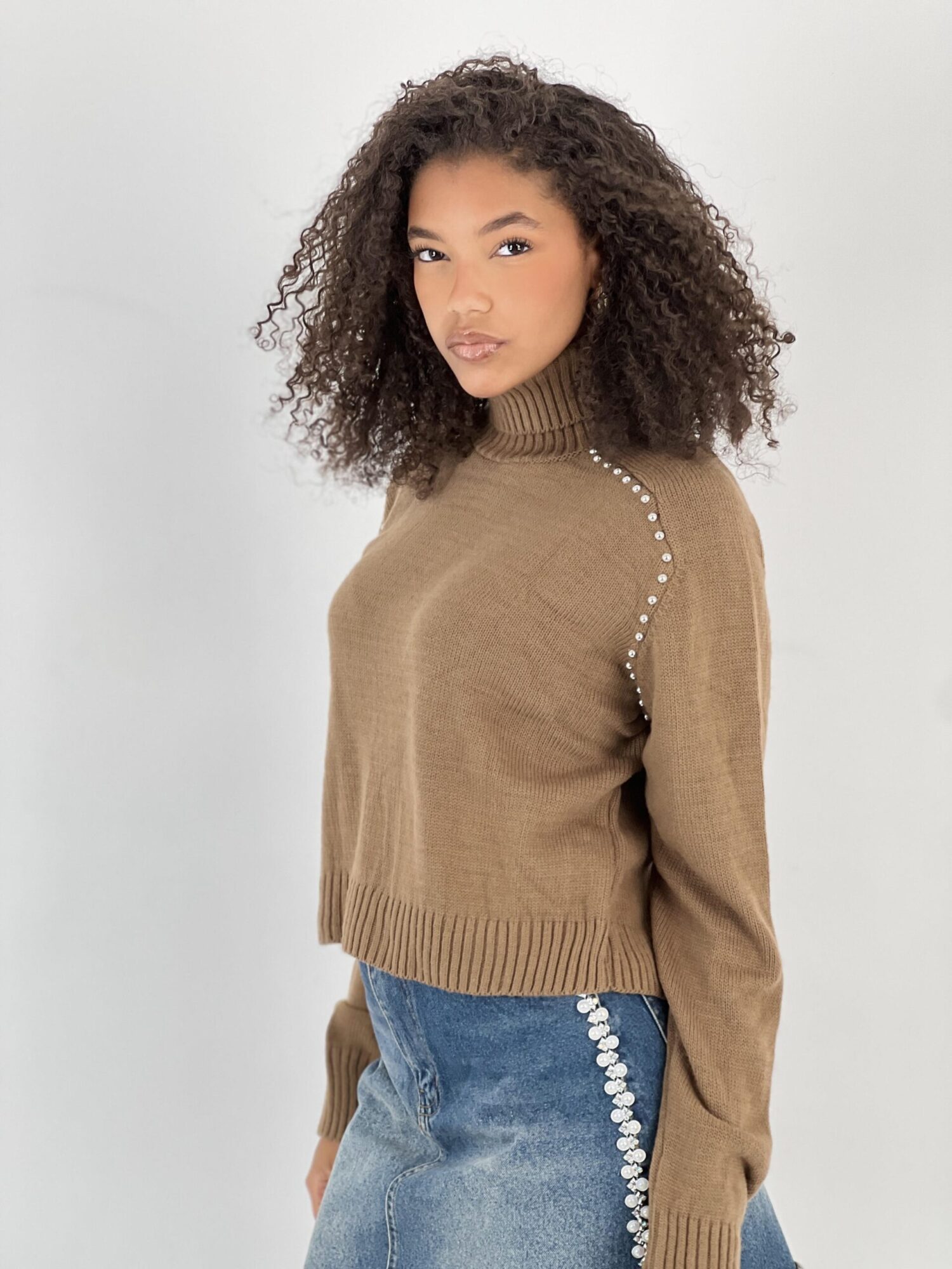 Brown Sweater With Turtle Neck And Long Sleeves - Brand: MISS POEM - Women & Kids, Baby Clothes Wholesale - Globality Store