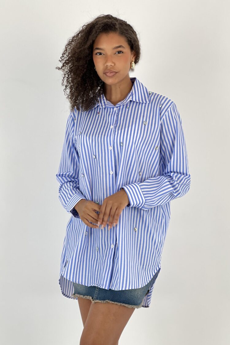Blue Casual Formal Preppy Striped Polo Neck Shirt - Brand: MISS POEM - Women & Kids, Baby Clothes Wholesale - Globality Store