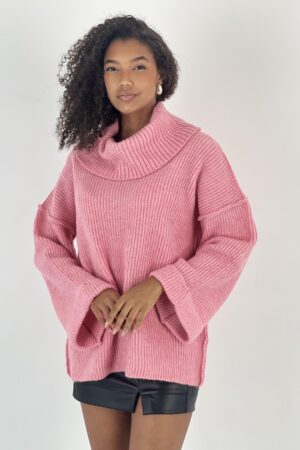 Pink Sweater Oversized Cowl Neck Long Sleeve - Brand: MISS POEM - Women & Kids, Baby Clothes Wholesale - Globality Store