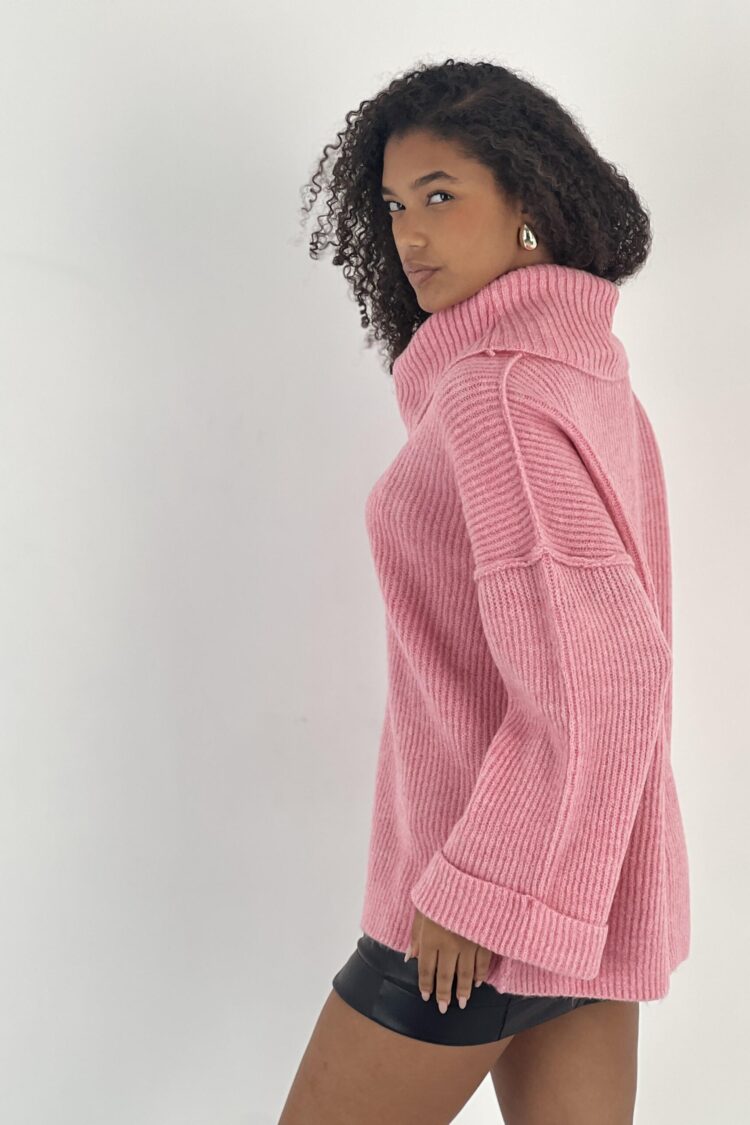 Pink Sweater Oversized Cowl Neck Long Sleeve