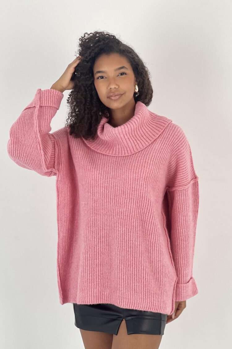 Pink Sweater Oversized Cowl Neck Long Sleeve