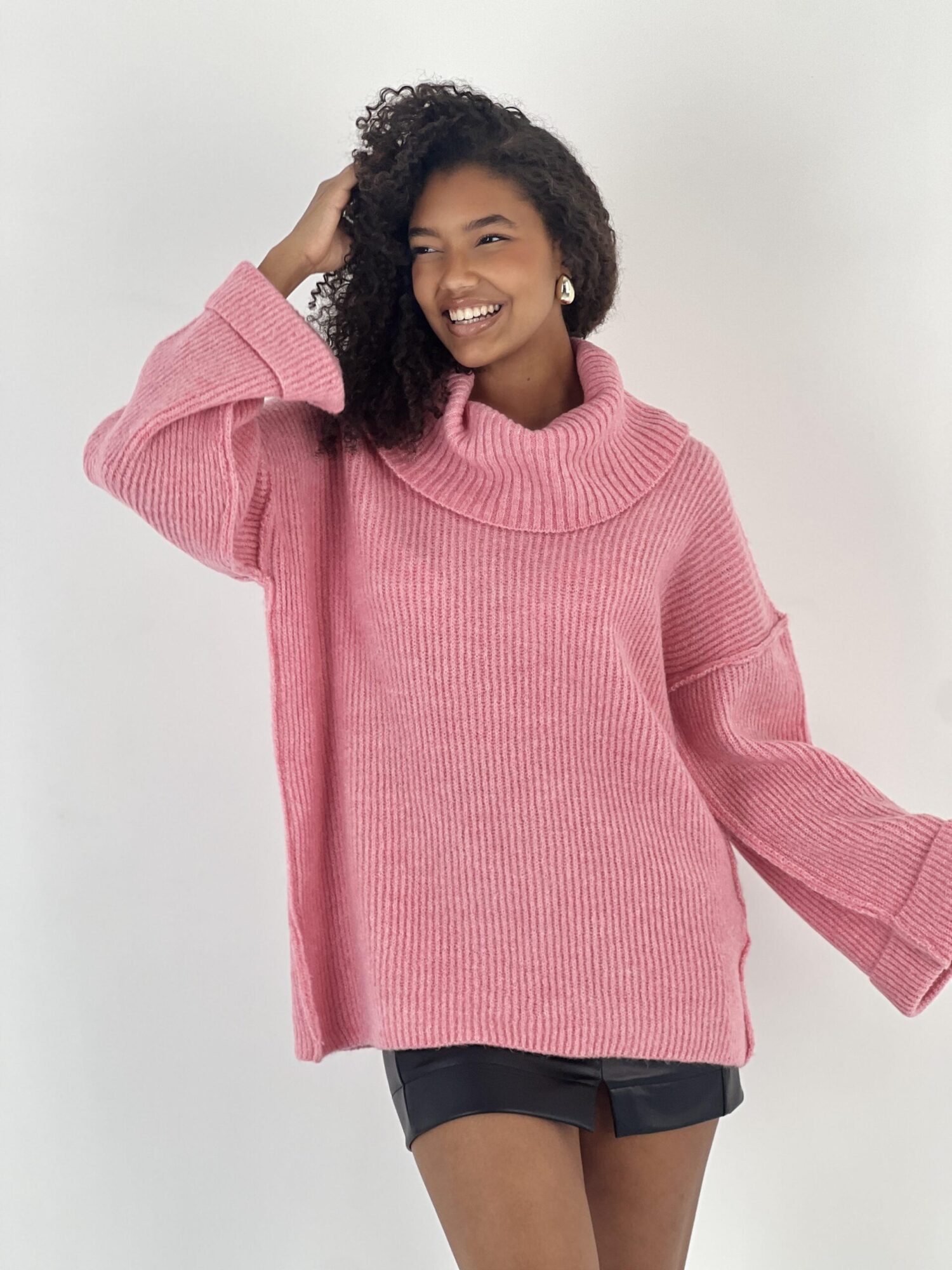 Pink Sweater Oversized Cowl Neck Long Sleeve - Brand: MISS POEM - Women & Kids, Baby Clothes Wholesale - Globality Store