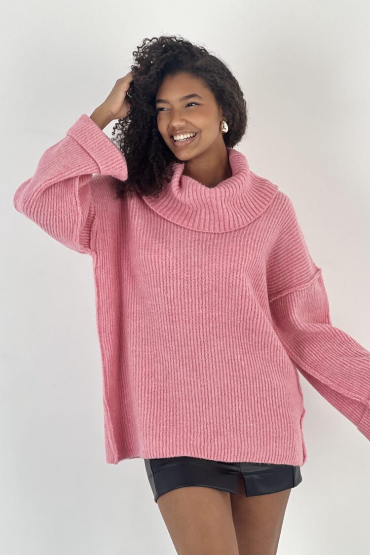 Pink Sweater Oversized Cowl Neck Long Sleeve