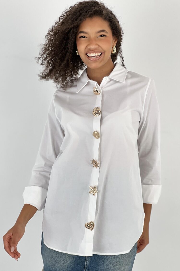 White Shirt With Notched Neck And Buttoned Closure