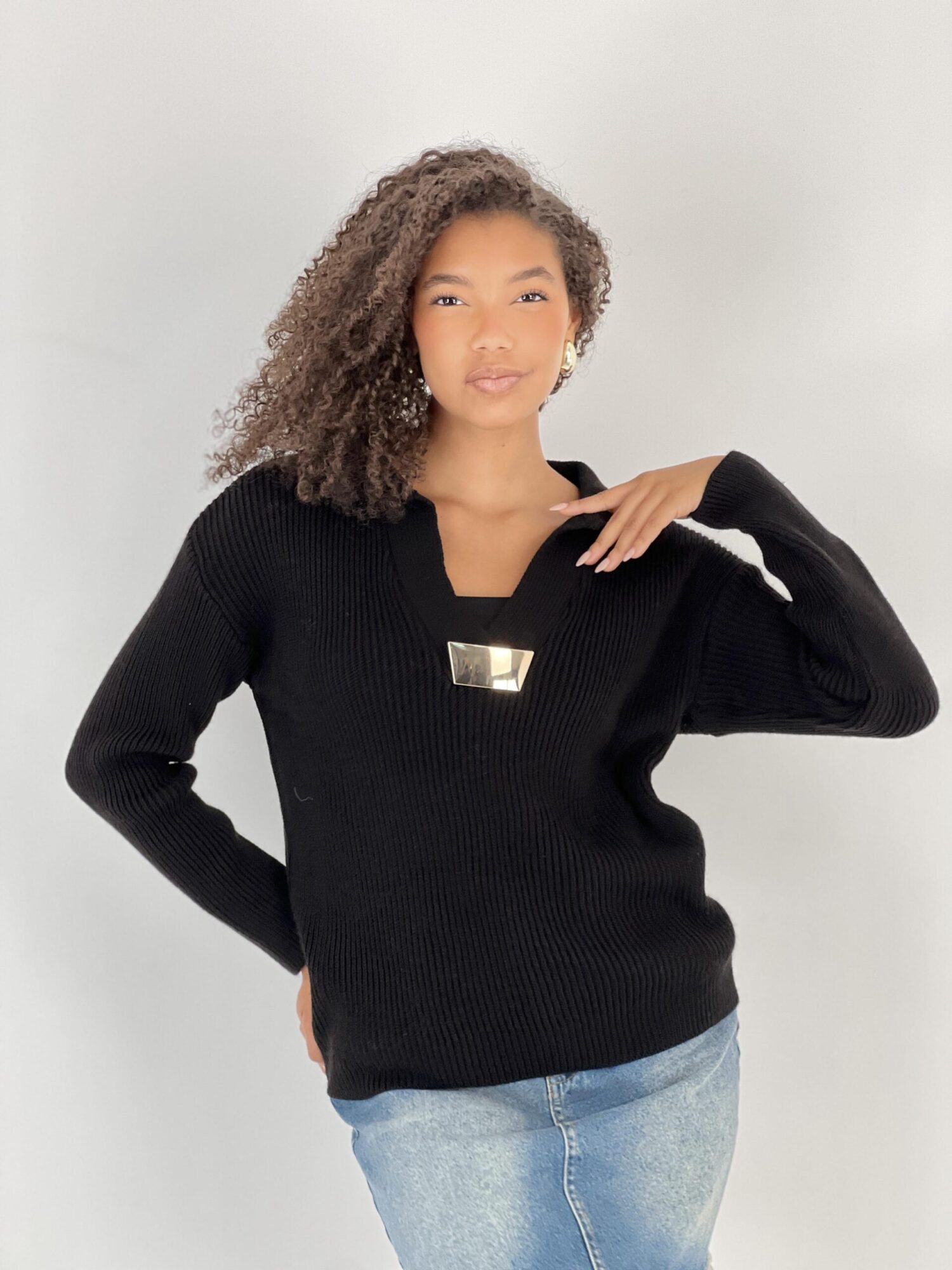 Black V-Neck Oversized Fit Sweater - Brand: MISS POEM - Women & Kids, Baby Clothes Wholesale - Globality Store